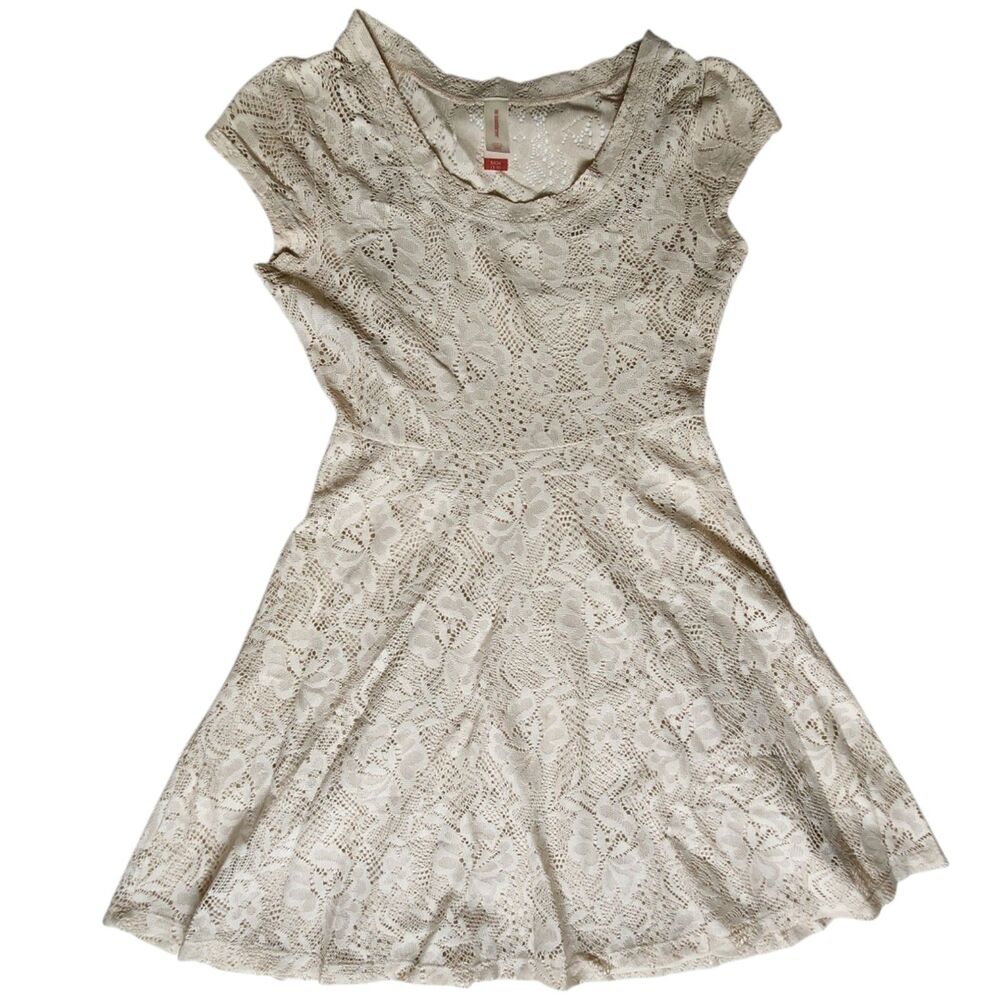 No Boundaries Cream Floral Lace Overlay Short Sleeve Mini Dress Sz S